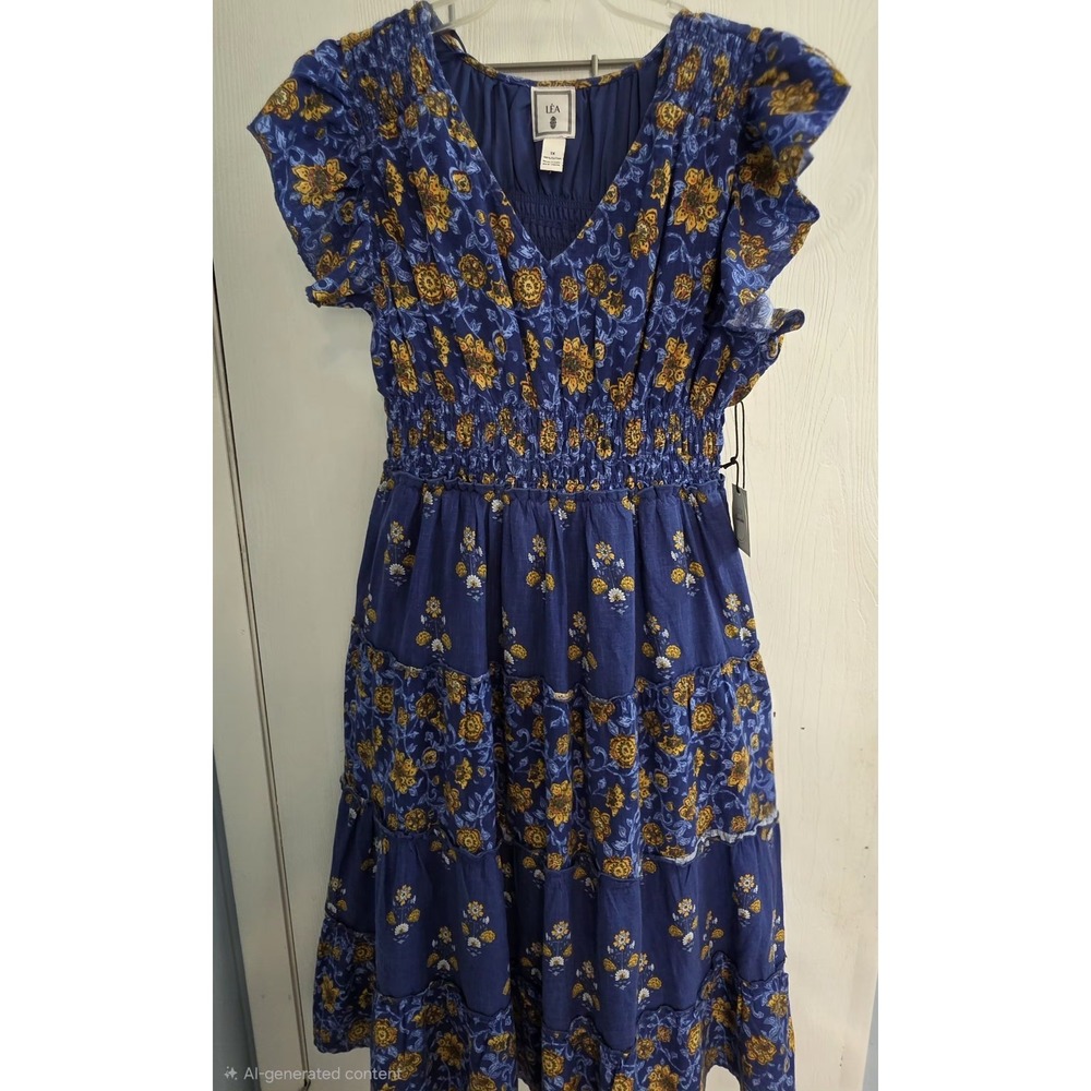 Lea Womens Smocked Midi Dress Floral Ruffled Sleeve Pockets Peasant NWT Plus 1X